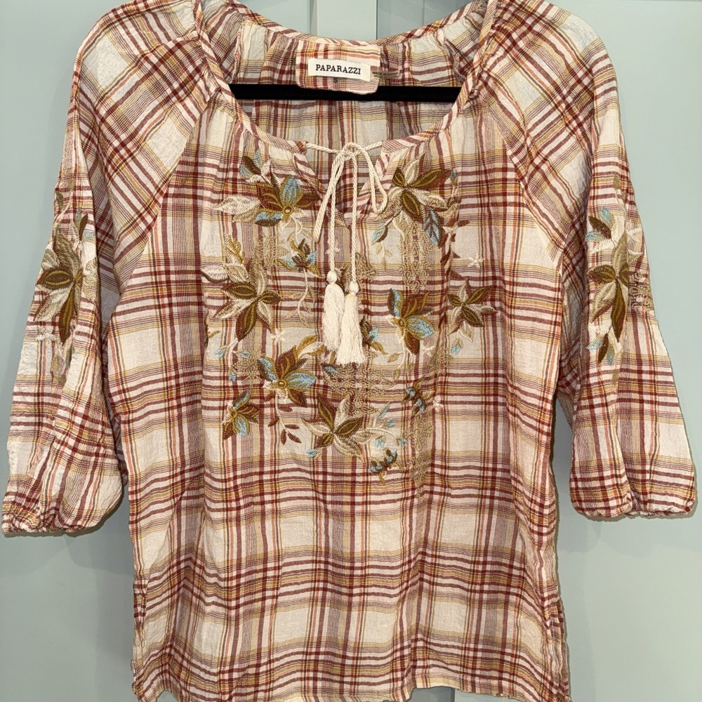 Paparazzi Women's Embroidered Peasant Blouse Boho Small Festival 3/4 Sleeve